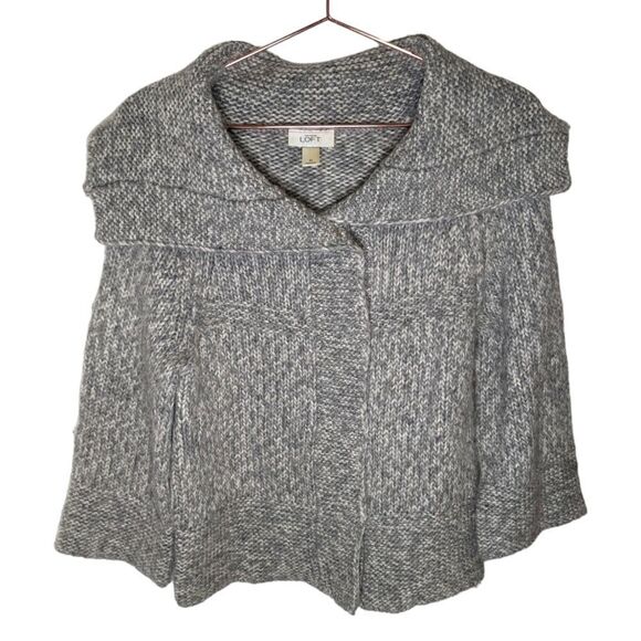 ANN TAYLOR LOFT Gray Wool Alpaca Blend Cardigan L/S Wide Collar Size Medium - Picture 1 of 5